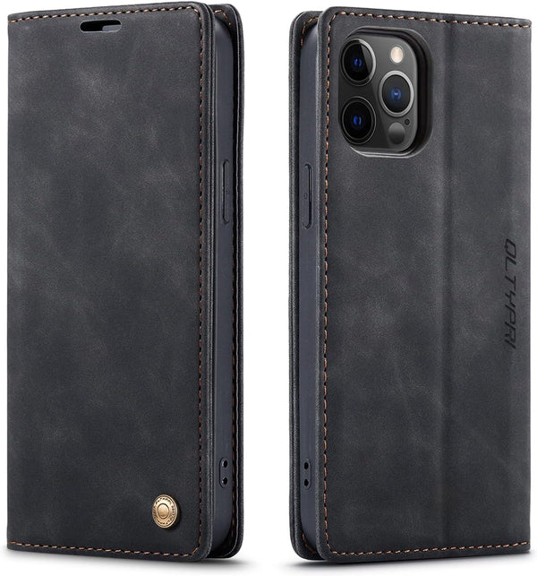 QLTYPRI Case for iPhone 12 Pro Max, Black Vintage PU Leather Wallet, Card Slot, Kickstand, Shockproof