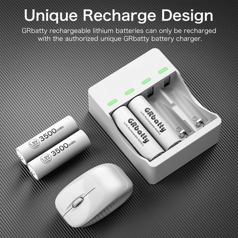GRbatty 3500mWh 1500 1.5V, (4 Pack) Rechargeable AA Lithium Batteries, with AA and AAA Charger, Cycles for Household