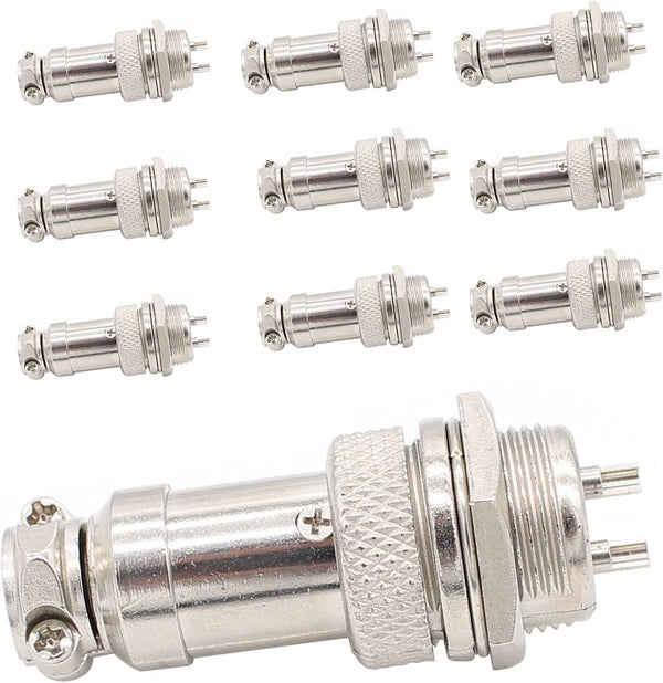 Aviation Plug Connector, 10 Pairs Male Female Panel Metal Wire Connector, 16mm Socket (2 Pins 10-Pack)