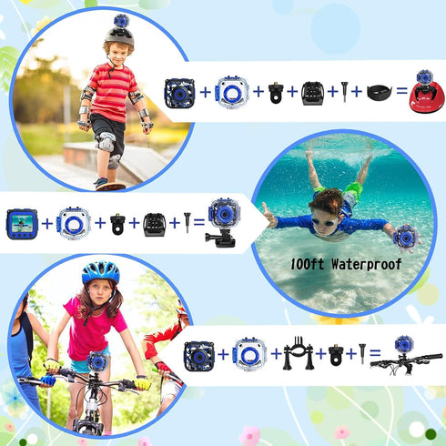 PROGRACE Kids Waterproof Camera for Boys, Gifts for Age 3-14, Underwater Video Camera with Card
