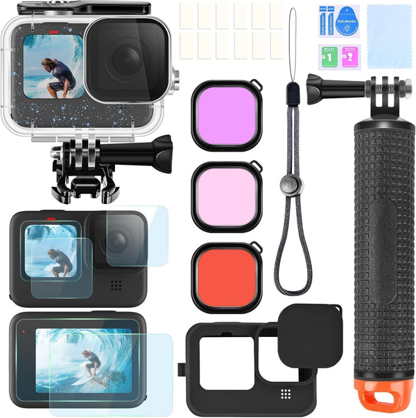Accessories Kit for Gopro Hero 12 11 10 9, Waterproof Housing Case, Underwater Float Handle, Silicone Sleeve, Bundle Set