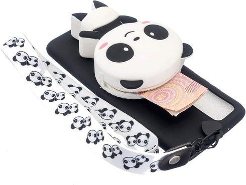 Case Compatible with Samsung Galaxy A12 5G, 3D Cute Animals Pandas Cartoon Soft Black Silicone Wallet Case with Strap