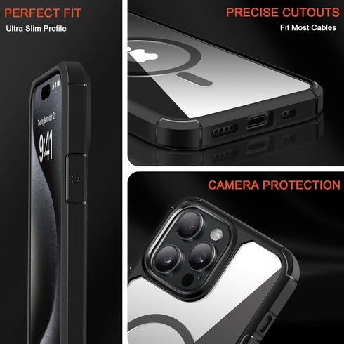 TENDLIN iPhone 15 Pro Magnetic Case - Crystal Clear Hard Back, Soft Bumper, MagSafe Compatible (Black)