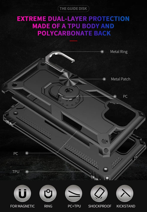 Androgate Cellular Phone Case for Samsung Galaxy A42 5G, Heavy Duty Protection with Metal Ring Holder Kickstand, Black