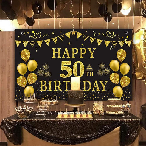 Trgowaul 50th Birthday Backdrop Gold and Black, 5.9 x 3.6 Ft Happy Birthday Party Decorations Banner for Photography