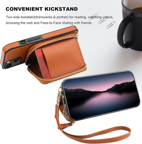 Bocasal RFID Blocking Wallet Case for iPhone 14 & 13, Adjustable Crossbody Zipper Purse with Kickstand, 6.1 Inch (Brown)