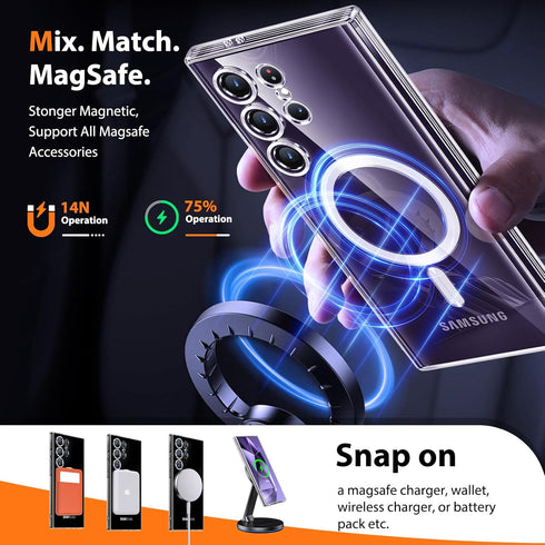 Samsung Galaxy S24 Ultra Case - 3 in 1 Magnetic, Crystal Clear, Mil-Grade Shockproof, No-Yellowing, with 2X Screen