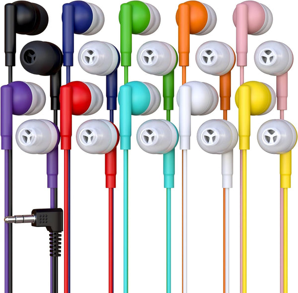 10 Pack Multi Color Kid's Wired Earbud Headphones, Disposable & Individually Bagged, Perfect for Schools & Libraries.