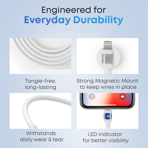 MAGNICPRO 3ft 514 LED Phone Lightning Cable with Magnetic Tip, Magnetic Cord Holder & Blue Night Glow Light Durable