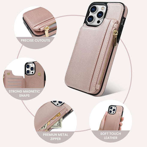 Delidigi Wallet Case for iPhone 14 Pro Max with Card Holder, Compatible with Mag-Safe, Flip PU Leather Zipper Pouch
