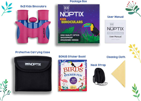 Kids Binoculars for Girls or Boys in Vibrant Pink Blue - Includes Sticker Book with 40 Bird Species