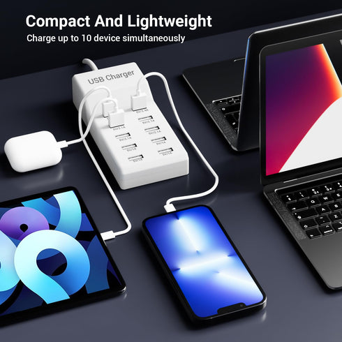 USB Charging Station 50W 10A, 10-Port USB Charger, Multiport USB Charger Station Hub, Compatible with iPhone, Galaxy,