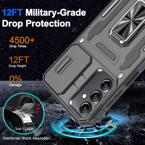 Samsung Galaxy A15 5G Case with Sliding Camera Cover & Tempered Glass Screen Protector, Rotatable Ring Holder Kickstand