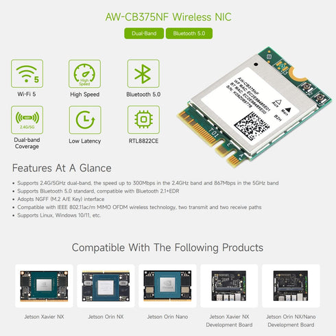Waveshare AW-CB375NF Dual-Band Wireless NIC, 2.4G/5GHz WiFi 5, NGFF(M.2 A/E Key) Interface, RTL8822CE-CG Core, Support