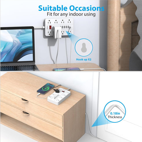Power Strip with USB - Surge Protector Flat Plug with 8 Outlets & 6 USB Ports, 5ft Extension Cord
