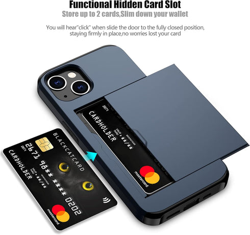 Nvollnoe for iPhone 13 Case with Card Holder Heavy Duty Protective Dual Layer Shockproof Hidden Card Slot Slim Wallet Case for iPhone 13 for Women&Men(Blue)