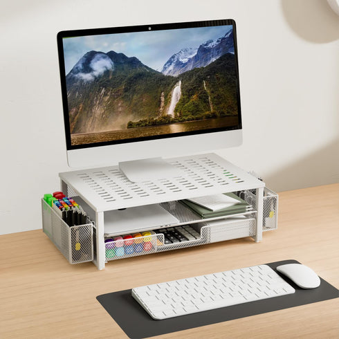 gianotter White Monitor Stand Riser, Desk Organizer with Drawer and Pen Holder, 2-Tier Computer Stand