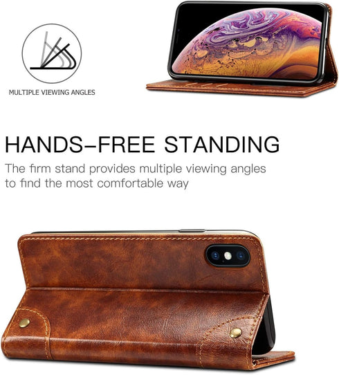SINIANL iPhone XR Case, Leather Wallet Folio Book Design Flip Cover with Stand and ID Card Slot, Khaki