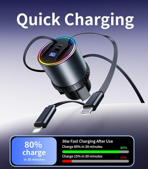 DICMKY 4 17 16 15 14 13 Retractable Car Charger USB Hub with RGB Light, Port Car Charging Station Cigarette Lighter