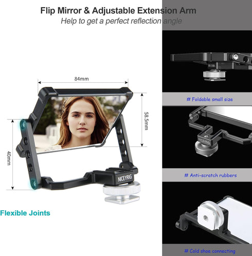 NICEYRIG Vlog Selfie Mirror Camera/Phone Mount, 360° Flip Screen Mirror for TikTok YouTube Live