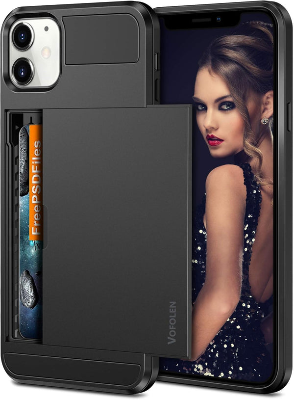 Vofolen Wallet Case for iPhone 12 5G, Black, Credit Card Holder Slot Sliding Back Pocket, Anti-Scratch Dual Layer