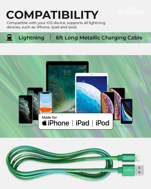 LIQUIPEL Powertek 6 ft iPhone Charger Cable, Fast Charging Lightning to USB Cord Adapter, MFI Certified (Green)