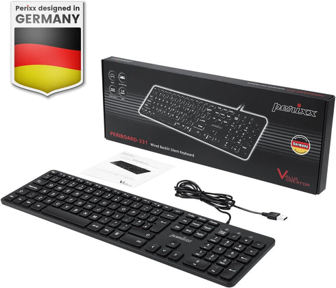 Perixx PERIBOARD-331 Wired Backlit USB Keyboard, Slim Design with Big Font Keys, White Illuminated LED