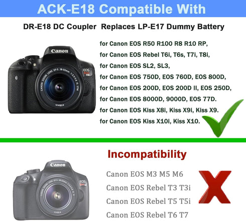 TKDY Dummy Battery ACK-E18 Power Supply Kit for Canon R50, R100, R8, R10, RP, Rebel Cameras