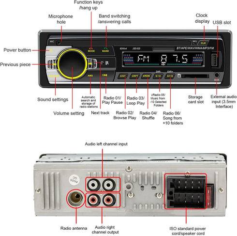 Bluetooth Car Radio Autoradio, Voice Control Audio Player, Dual Connection Handsfree USB2.0 CD Stereo Receiver with LED