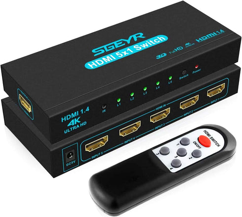 HDMI Switch SGEYR 5x1 HDMI Switcher, 5 in 1 Out Selector with IR Remote Control, 4K@30Hz Ultra HD Support