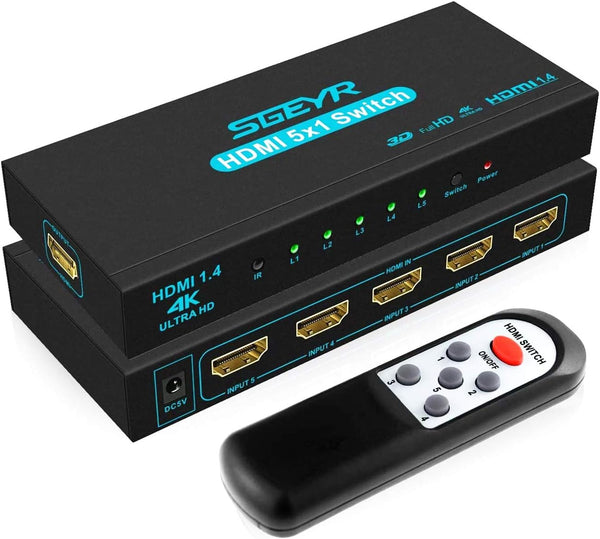 HDMI Switch SGEYR 5x1 HDMI Switcher, 5 in 1 Out Selector with IR Remote Control, 4K@30Hz Ultra HD Support