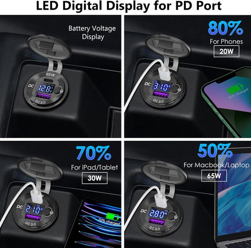 Qidoe 83W 12V USB Power Outlet, 65W PD USB-C Laptop Charger Socket and 18W QC3.0 Car USB Port with Digital Voltmeter