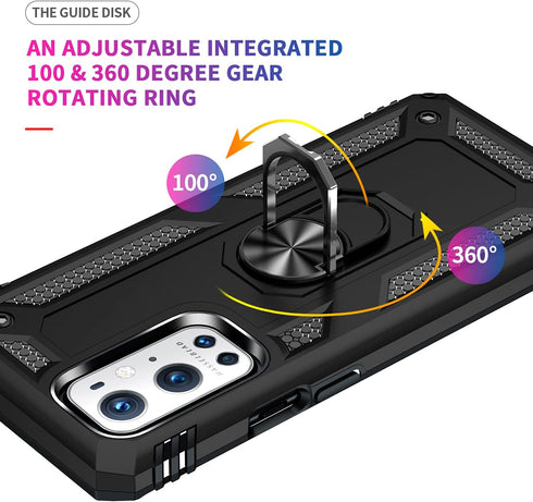 Military Grade Drop Impact Case for Oneplus 9 Pro, 360 Metal Rotating Ring Kickstand Holder, Heavy Duty (Black)