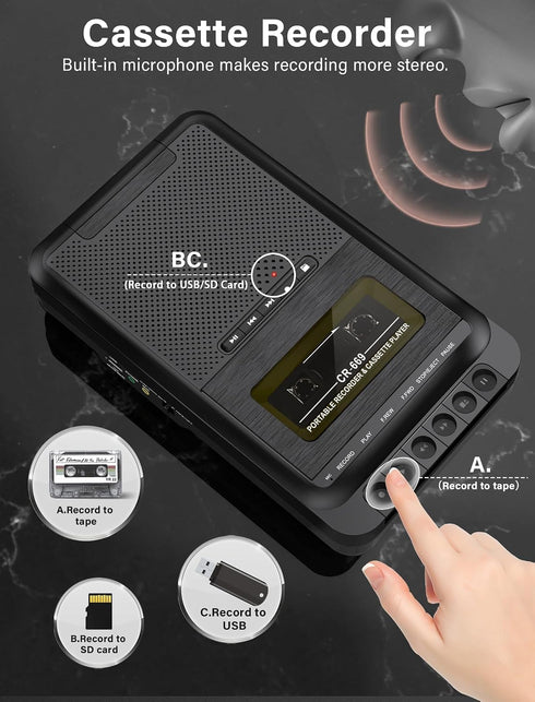 Gracioso Cassette Cassette MP3 Cassettes/USB/SD Mic,Cassette Player Converter, Portable to Music via U Disk/SD Card