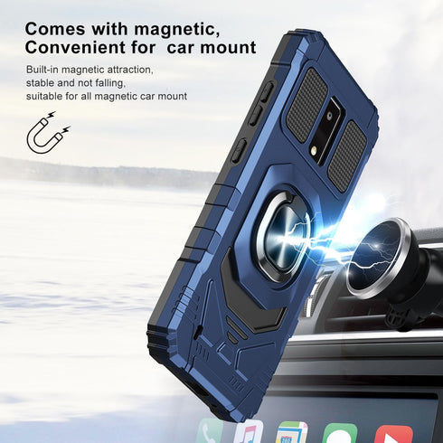 BLU View 4 Phone Case with Tempered Glass Screen Protector, Navy Military Grade Heavy Duty Shockproof with Ring
