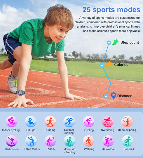 Smart Watch for Kids, Heart Rate Monitor, Sleep Monitor, Waterproof Pedometer, 25+ Sports Modes, Alarm, Remote Camera