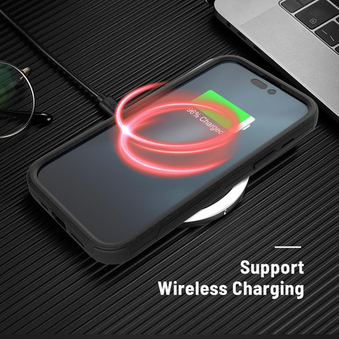 Heavy Duty Phone Case for iPhone 15 Plus with Built-in Glass Screen Protector, Wireless Charging Compatible Shockproof Drop Proof and Rugged Case 6.7 inch - Black