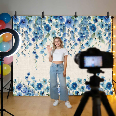 VANPTBNHS 12x8ft Curtain,Country Photography Backdrop,Retro Blue Flowers on Jam Professional Photography Background