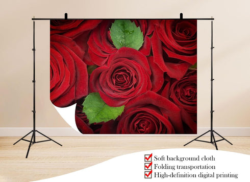 UPXIO 10x7ft Red Roses with Green Leaves Backdrop Romantic Floral Bouquet Photo Background Tapestry for Valentine's Day
