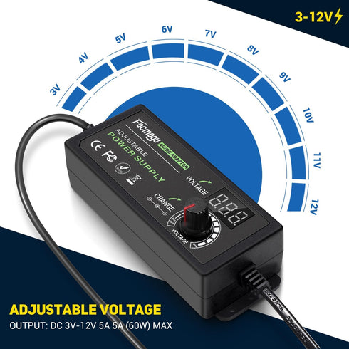Facmogu 3V-12V 5A 60W Adjustable Power Supply with LED Display, Universal AC/DC Adapter, 100V-240V AC to DC 3-12V