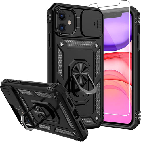 iPhone 11 Case, Black - Military Grade, 16ft Drop Tested, with Screen Protectors, Camera Cover & Magnetic Kickstand.