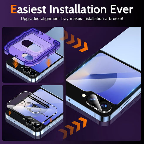 YWXTW EZ Alignment for Samsung Galaxy Z Flip 6 Screen Protector, 2 PCS Front Tempered Glass + 2 Set Camera Lens
