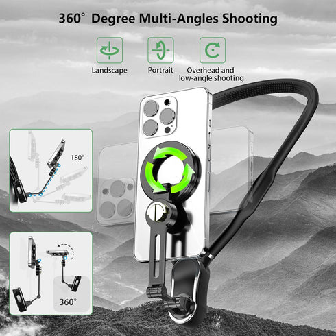 4 in 1 Magnetic Neck Phone Holder, POV/Vlog Neck Mount for Recording with Chest Strap/Phone Clip, Selfie Mount for