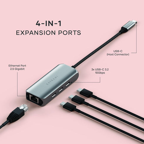 Satechi USB C Ethernet Adapter 2.5 Gigabit, 4 in 1 Network Adapter with Enhanced Speed and 3 USB C 3.2 Ports for Mac,