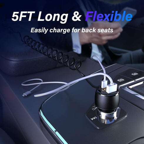 66W High-Speed Car Charger, 5-Port Fast Charging Hub with PD & QC3.0, Universal Compatibility for iPhone, Samsung, Pixel