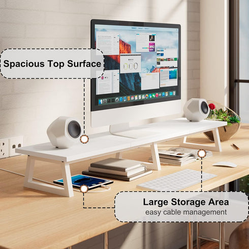 TEAMIX 42 inch White Monitor Riser for 2 Monitors, Wood Desktop Dual Stand with Metal Legs, Computer Shelf, White