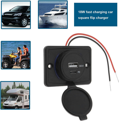 2PCS Type C USB Car Charger Socket Power Outlet with Dustproof Cap, Dual Port QC3.0 USB & PD Type C 12-24V 18W