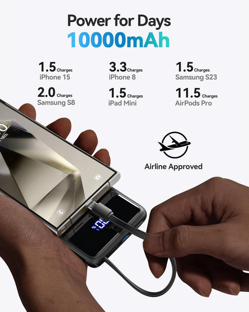 INIU 45W Slimmest 10000mAh Pack, 17 16 15 S24 S23 Power Bank, Portable Charger with Built in USB-C Cable, Fast Charging