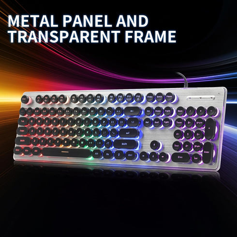 Typewriter Style Gaming Keyboard with Metal Panel, Rainbow LED Backlit, Round Keys, Light Up USB Wired Retro 104 Keys