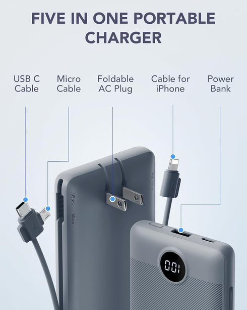 VRURC Portable Charger 10000mAh, Built-in Cables and AC Wall Plug, USB C Power Bank for Smart Phones and Tablets (Grey)